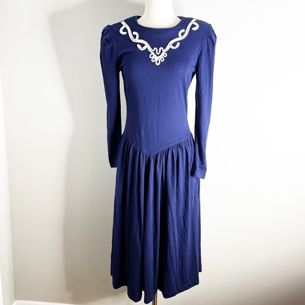 Vintage S. Roberts Blue Cottagecore Long Sleeve Midi Dress Womens 9/10 80s